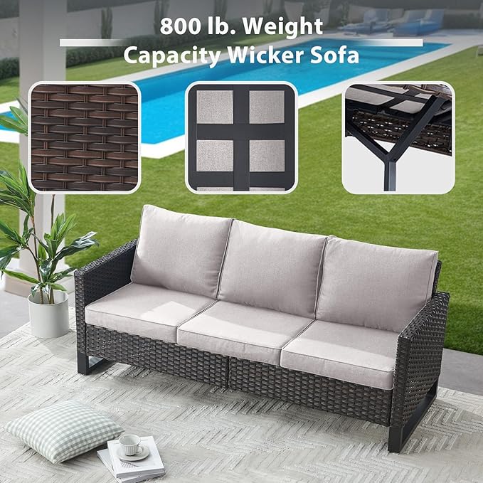 7 Piece Wicker Patio Furniture Set - Outdoor Swivel Rocker Chairs Set with Coffee Table, Side Table, 3 Seat Sofa & Ottomans, Small Patio Conversation Sets for Balcony Deck - Brown/Beige