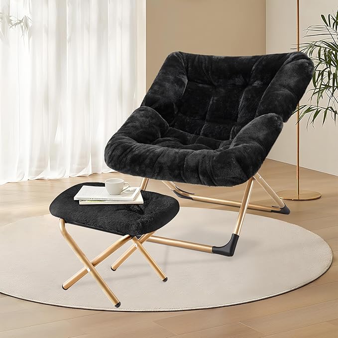 Youtanic Comfy Oversized Saucer Chair with Ottoman,Soft Faux Fur Reading Lounge Chair for Adults,Stable X-Large Metal Frame and Non-Slip Pad,Cozy Chair for Bedroom, Living Room, Dorm, Office, Black