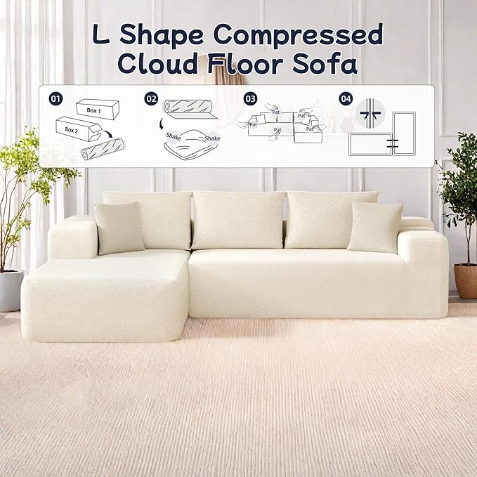 104” Sectional Cloud Couch, L-Shape Compressed Sofa with Right Chaise Lounge, Modular Cloud Couch with 2 Pillows & Deep Seat, Rain Drop Velvet Upholstered Floor Sofa for Living Room, Beige
