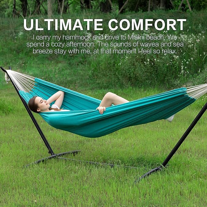 PNAEUT Double Hammocks with Stand for Outside, Portable Space Saving Heavy-Duty Steel Stand for Indoor Outdoor Patio with Carrying Bag, 450 lbs Capacity (Aqua) - Image 9