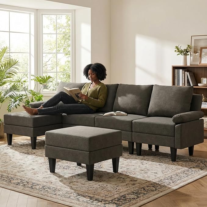 4-Seat U-Shaped Modular Sofa with Double Storage Ottoman - Space-Saving Convertible Lounge Couch for Home & Office, Brown Grey