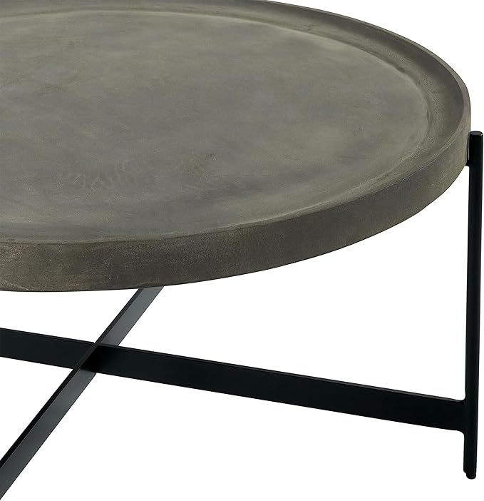 Alaterre Furniture Brookline 42-Inch Round Concrete-Coated Wood Coffee Table with Tray Top and Black Iron Legs – Industrial Farmhouse Living Room Accent Table with X-Frame Base