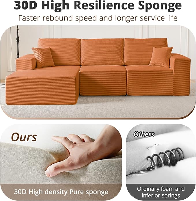 108" L-Shaped Boneless Couch, High Seat Modular Sectional Sofa with Moveable Ottoman, Corduroy Cloud Couches for Living Room, No Assembly, Ship in a Box, Orange | Modular Flexibility
