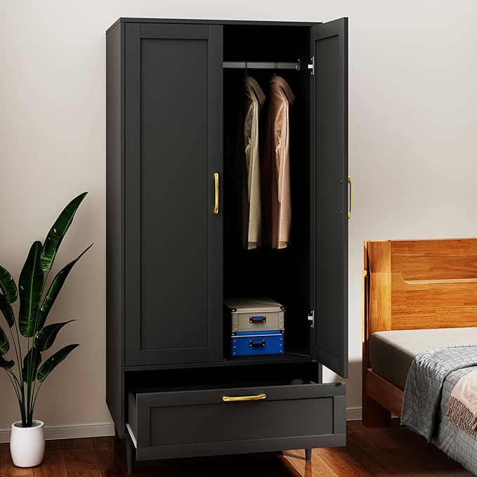 Gyger Wardrobe Closet with Drawer, Armoires and Wardrobes with Shelves and Hanging Rail,Freestanding Wooden Wardrobe Cabinet for Bedroom,Black