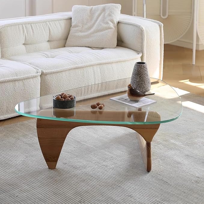 Modern Glass Coffee Table, 45in Large Mid Century Coffee Table, Unique Wooden Triangle Center Tables with Wood Legs, for Bedroom Living Room Reception Office(Walnut Transparent, 45in)
