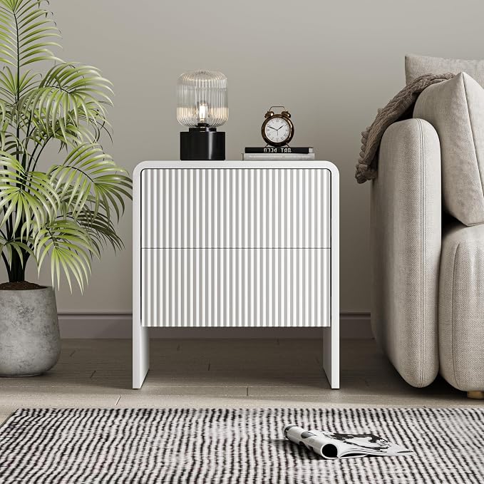 Set of 2 Curved Nightstand with 2 Drawers, Wooden Bedside Table with Push to Open Storage, Modern End Table for Bedroom, White - Image 8