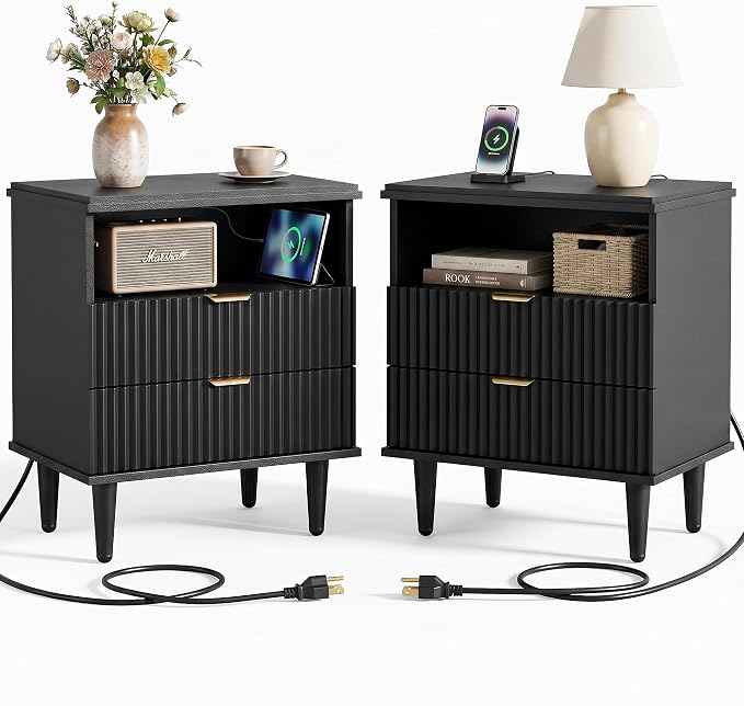 Black Nightstand with Charging Station for Bedroom, Fluted Wooden Bedside Table with 2 Drawers, Open Storage, Gold Metal Handles, Modern End Table Set 1 - Image 9
