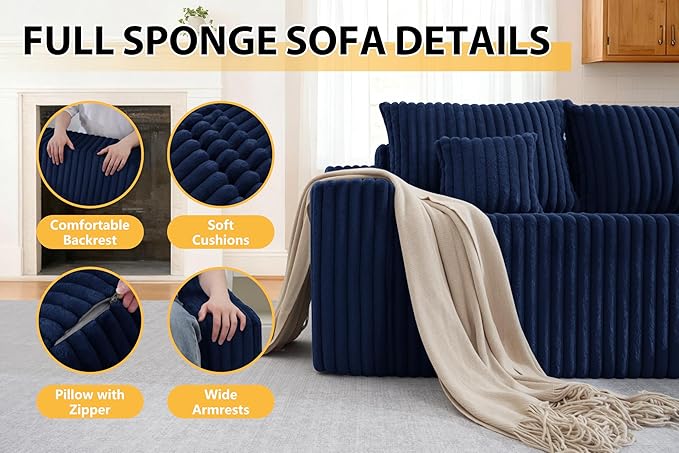 Homguava 94'' Cloud Sectional Couch, Modular L-Shape Couch with Chaise, Boneless Sofa with Deep Seat for Living Room Bedroom,No Assembly Required(Blue,Right Facing Chaise)