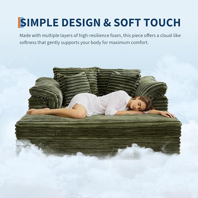 Oversized Chaise Lounge Chair 59 * 54 Inch Indoor Comfy Corduroy Cloud Sleeper Couch Upholstered Sofa Bed with USB Port Throw Pillows Supportive Armrests for Living Room