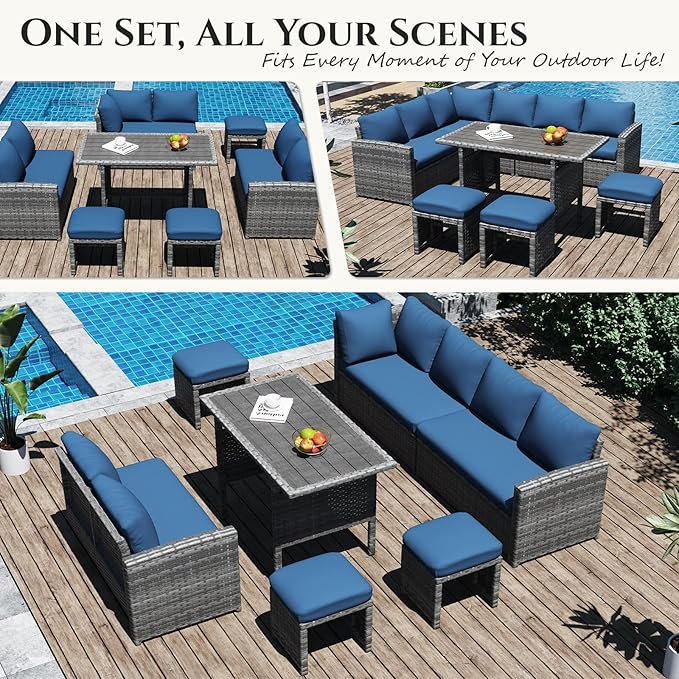 U-MAX 7 Pieces Patio Furniture Set with 43" Fire Pit Table, Outdoor Sectional Sofa Conversation Set, All Weather Wicker Rattan Dining Table & Chair with Ottoman, Grey Rattan&Dark Blue Cushion