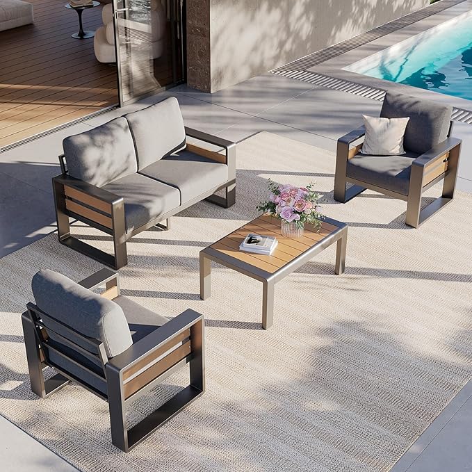 Aoxun Aluminum Patio Furniture Set, 4 Seats Luxury Metal Patio Conversation Sets with Coffee Table, Thick Cushions and Waterproof Cover, Modern Outdoor Furniture Set for Backyard/Poolside, Light Grey