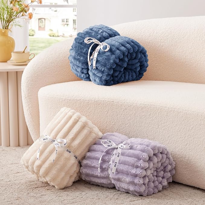 EXQ Home Fleece Blanket Twin Size for Couch or Bed - 3D Stripe Jacquard Decorative Blankets - Cozy Soft Lightweight Fuzzy Flannel Blanket Suitable for All Seasons(60"??80",Dark Blue)