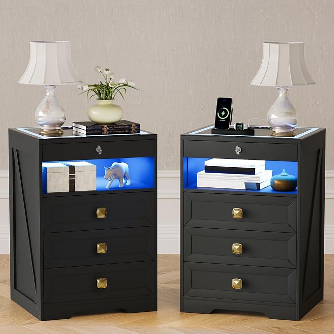 HNEBC Smart Night Stand with Gun Drawer,Glass Top Nightstand with Charging Sation,LED Bedside Table with 3 Color Lights,End Table with Glass Desktop,3 Drawers for Bedroom,Black - Image 9