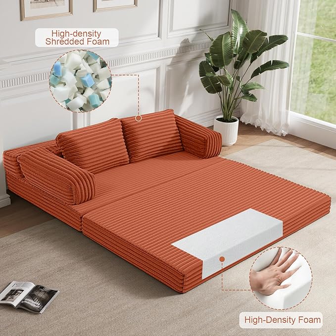 MeMoreCool Convertible Sofa Bed, Folding Floor Couch Bed Queen, Pull Out Sleeper Couch with Pillows, Fold Out Futon Sofa for Bedroom Living Room Small Space, Corduroy Orange