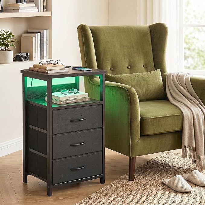 Fixwal Night Stand with 3 Fabric Storage Drawers, LED Nightstand with Charging Station, Bedside Table, Black - Image 7
