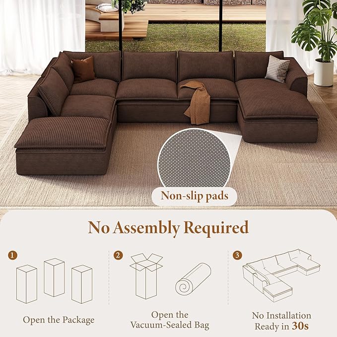 Vesgantti 141.7" Oversized Boneless Sectional Couch, Modern 7 Seater Modular Sofa with Chaise & Ottoman, Deep Seat Corduroy Cloud Couches for Living Room, No Assembly Required, Dark Brown