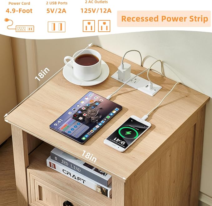 Joaxswe 18" Farmhouse Night Stand with Charging Station, 2 Drawers Bedside End Table, Natural Wooden Nightstand, Bed Side Table Cabinet with Open Shelf for Bedroom Living Room Office - Image 6