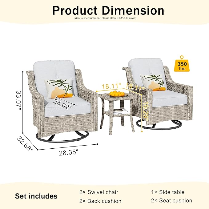 HOOOWOOO 3 Piece Patio Furniture Bistro Sets,Outdoor Wicker Swivel Rocking Chairs with Table Set,All Weather Resistant High Back Rattan Conversation Set(Light Grey Gray)