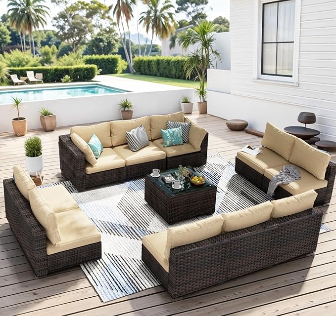 11 Piece Patio Furniture Set All Weather PE Rattan Outdoor Sectional Sofa Couch with No-Slip Cushions and Glass Top Table for Garden, Poolside, Backyard (Beige)
