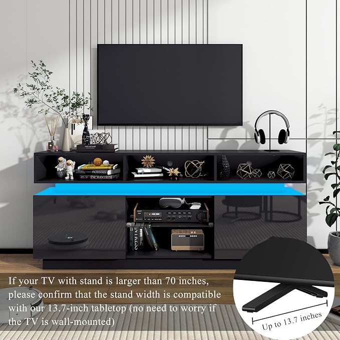 chartustriable LED TV Stand for 75 Inch TV, Modern Tall Entertainment Center with Power Outlets, High Gloss TV Stand, Gaming TV Media Console with Glass Shelf for Living Room, 63 Inch, Black - Image 8