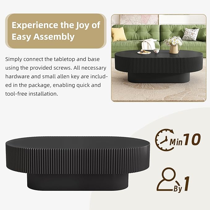 Merax Modern Oval Coffee Table with Sturdy Base, Wood Minimalist Fluted Center End Tables for Living Room Reception Room, Easy Assemble,Black