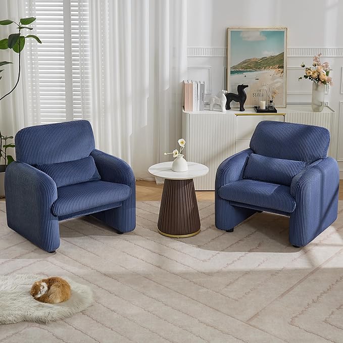 WUTUTUEE Corduroy Fabric Accent Chairs Set of 2, Modern Upholstered Living Room Chairs with Lumbar Pillow, Wide Comfy Leisure Armchair for Bedroom, Office, Reading, Blue