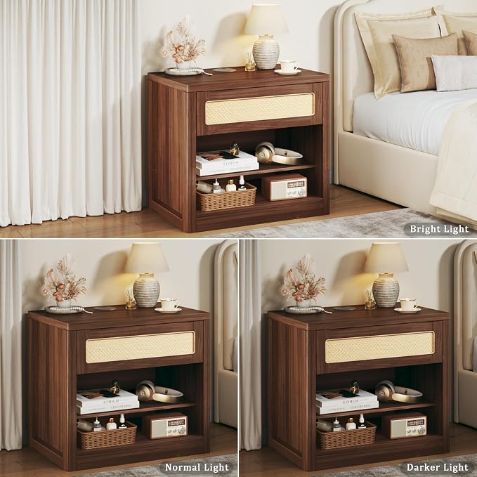 Rattan Nightstands Set of 2, Night Stand with Wireless Charging, Mid Century Modern Bedside Table with Drawer & Open Shelf, Curved Profile Design, End Side Table with Storage for Bedroom, Living Room - Image 7