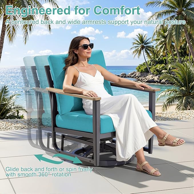 6-Piece Aluminum Patio Rocking Swivel Chair Outdoor Bistro Set, Patio Conversation Set Outdoor Patio Furniture Set with High Backrest & Thickened Cushions for Garden, Deck and Balcony, Turquoise