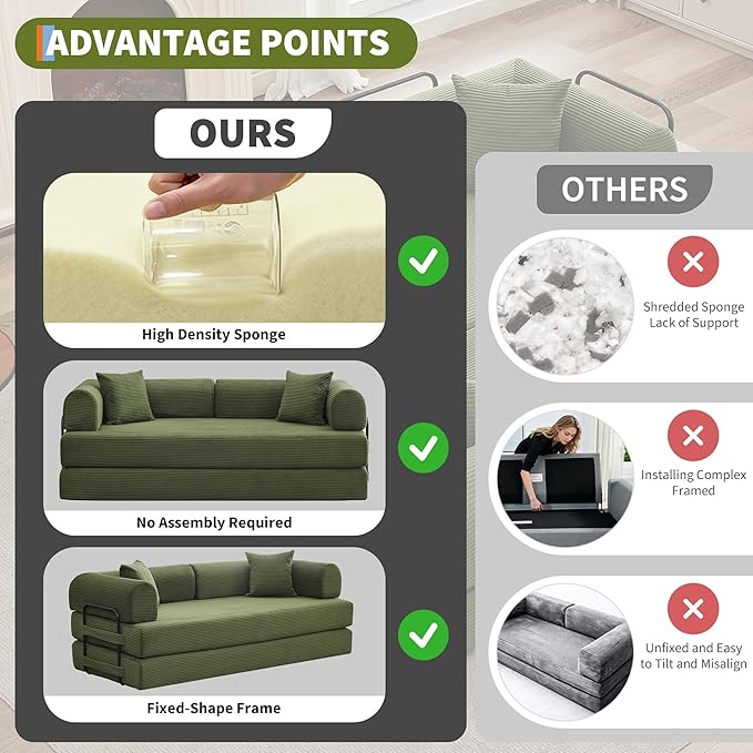 IDEALHOUSE 4 in 1 Convertible Sleeper Sofa Bed Couch, 79 Inch Boneless Corduroy Floor Couch with Pillows, No Assembly, Modern Deep Seat Sofa Futon Mattress for Living Room,Apartment,Green