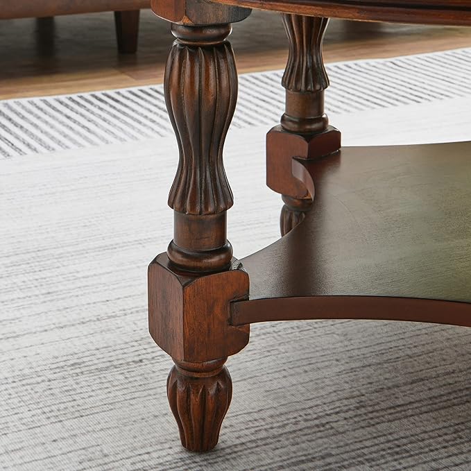 MODERION Solid Wood Coffee Table with Drawer and Storage Shelf, Traditional Living Room Cocktail Tea, Oval Center Carvings Side Vintage 46''Lx 29''Wx18.2''H Cherry Walnut KFZ1533WD-DR