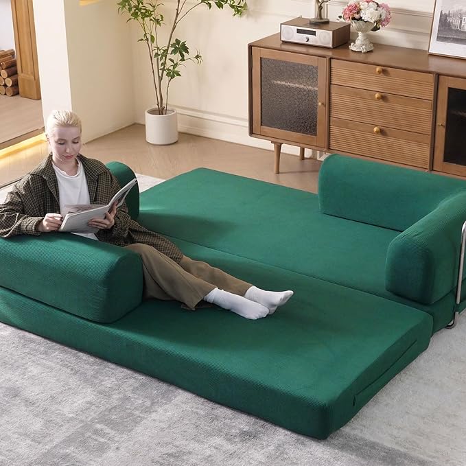 79" Convertible Sleeper Sofa Bed with Cylindrical Pillow, Corduroy Folding Mattress Couch with Fixed-Shape Frame, Floor Sofa Lounge Couch for Living Room Bedroom Lounge Studio (Green)