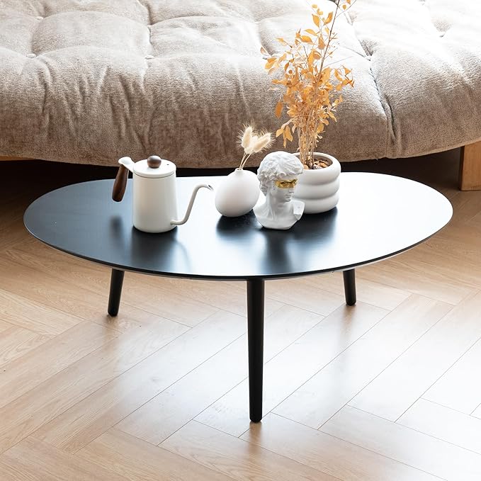 Small Oval Coffee Table Mid Century Modern for Living Room, Center Table,Solid Wood Coffee Table,Nature Wood (Black, 18.9" D x 33.85" W 12.4" H)