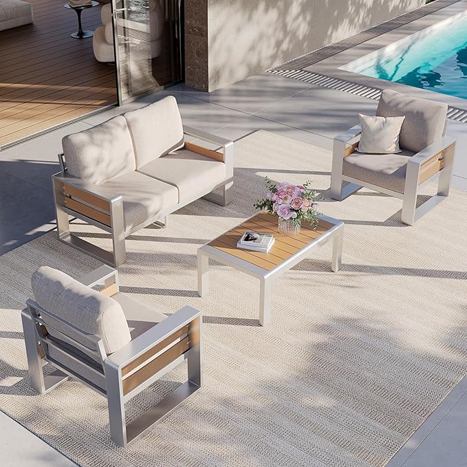 Aoxun Aluminum Patio Furniture Set, 4 Seats Luxury Metal Patio Conversation Sets with Coffee Table, Thick Cushions and Waterproof Cover, Sectional Outdoor Furniture Set for Backyard/Poolside, Beige