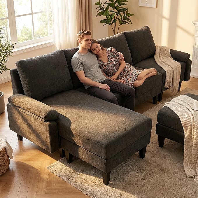 Modern L-Shaped Sectional Sofa with Storage Ottoman, Apartment Sectional Couch with Left Facing Chaise, 3-Piece Living Room Sofa Set, 115 Inch Furniture, Brown
