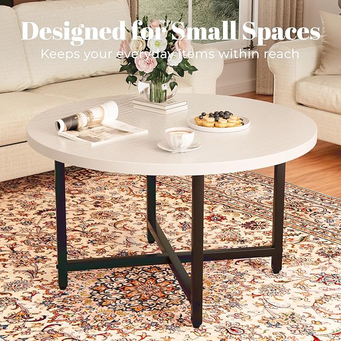 Round Coffee Table, Small Coffee Tables for Living Room, Low Wood Coffee Table with Metal Frame, Floor Table Desk for Sitting on The Floor, Home, Office, White(23.6" D x 17.7" H)