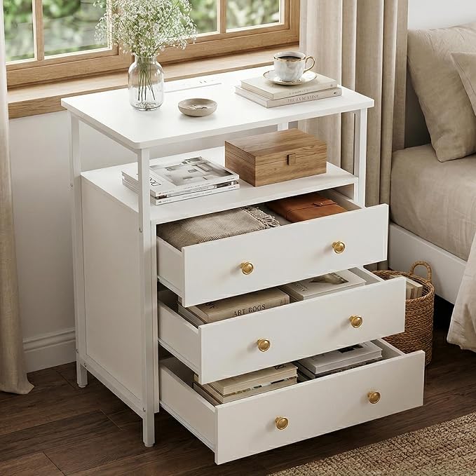 Edbuosy 3 Wooden Drawers Nightstand, 27 Inch Wide Night Stand Set 2 with Charging Station and Adjustable Drawers, Small Dresser for Closet, Bedside Table for Living Room/Bedroom/Office, White. - Image 8