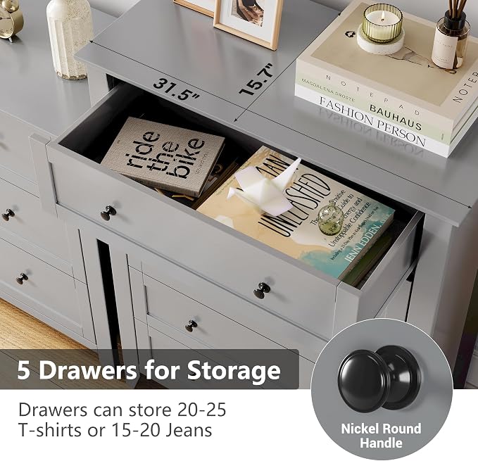 GarveeHome 5 Chest of Drawer Dresser, Wood Storage Organizer Cabinet with Drawers for Bedroom, Tall Dresser Nightstand for Living Room, Entryway, Grey - Image 8