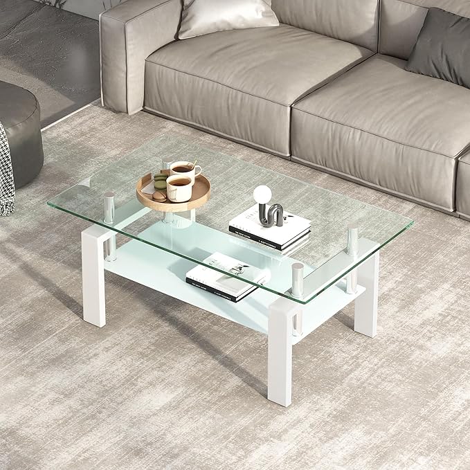Tempered Glass Coffee Table with Metal Legs Modern Small Coffee Tables for Livingroom (White)
