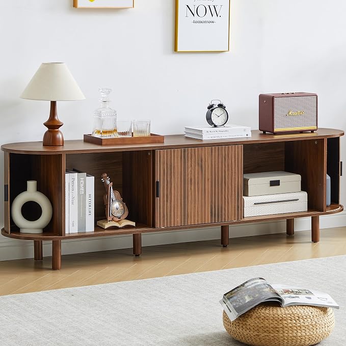 FurSch 70.87”Tambour TV Stand for 50-80 Inch, Mid Century Entertainment Center with Large Storage Cabinet & Open Shelves, TV Console with Sliding Doors for Living Room, Bedroom(Walnut, 70.87inch) - Image 9