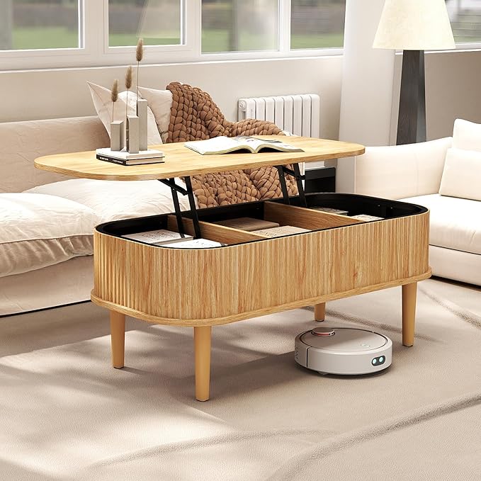 Coffee Table, Fluted Lift Top Coffee Tables for Living Room, Center Tables with Hidden Compartment, Modern Oval Coffee Table for Home Office, Natural