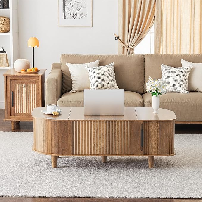 Lift Top Coffee Table, Oval Mid Century Modern Center Table with 3 Hidden Storage, 41" Coffee Tables with Sliding Door and Open Cabinet for Living Room Bedroom Office, Walnut Wood