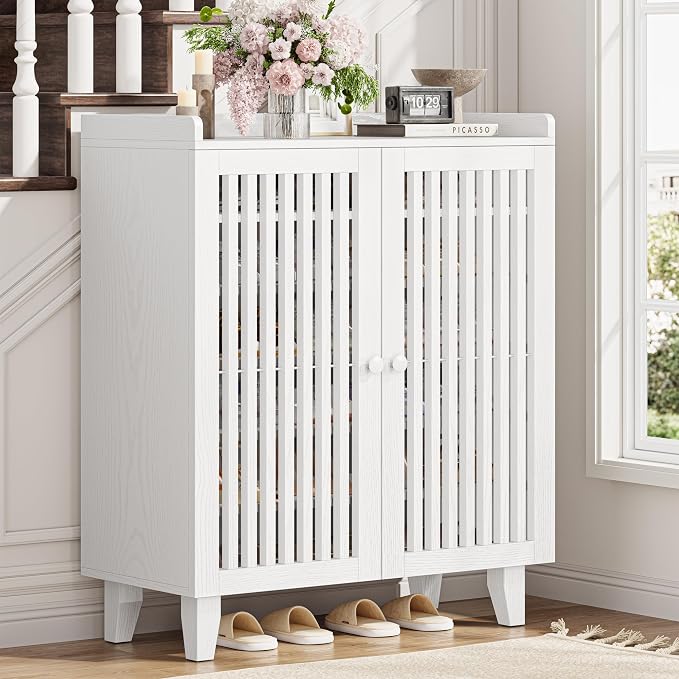 IRONCK Shoe Cabinet with Slatted Doors, 6-Tier Shoe Storage Cabinet with Adjustable Shelves, Wooden Shoe Rack Organizer for Entryway, Hallway, Closet, Living Room, White - Image 9