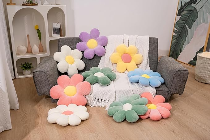 2Pcs Sage Green Throw Pillows, Daisy Pillow Flower Shaped Pillows Floor Cushions Preppy Girls Bedroom Decor Decorative Pillows for Bed Sofa Couch 15.35In