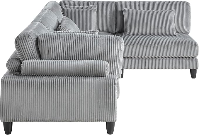 Lexicon 120 Inch Modular Sectional Sofa - Oversized 4 Seater Corduroy L Shaped Sectional Couch, 6 Accent Pillows, and Flexible Arrangement for Modern Living Rooms, Gray