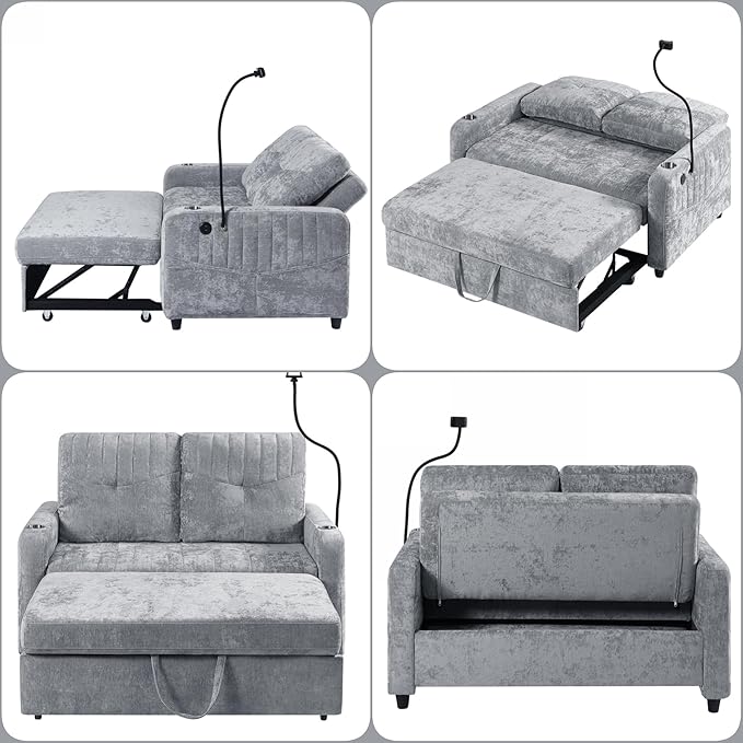 Merax Chenille 3-in-1 Pull Out Sleeper Sofa Bed Couch, 54" Convertible Futon Loveseat with Adjustable Backrest, 2 Cup Holders, Phone Stand, 3 Charging Ports and Storage Pockets for Living Room, Gray
