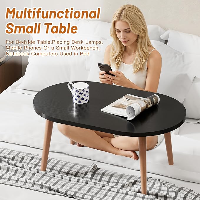 Coffee Table Low Table with Solid Wood Legs, Small Oval Coffee Table Side Table, Floor Table Desk for Sitting on The Floor, Storage and Living Room Furniture for Office Apartment Home, Black