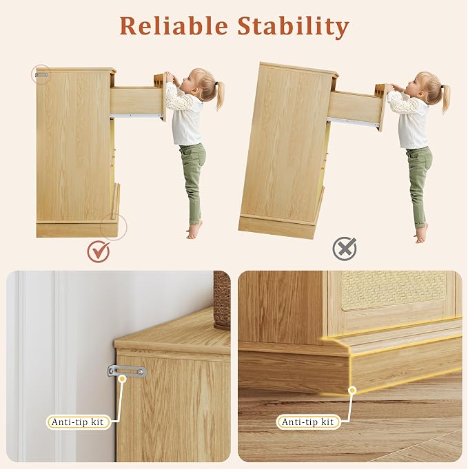 HUAHUU 9 Drawer Dresser for Bedroom, 60 Inch Long Dressers & Rattan Chest of Drawers, Large TV Stand for 55, 65, 70 Inch TV, Boho Style, Modern Dresser for, Living Room, Entryway, Bedroom, Natural Oak - Image 8
