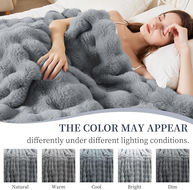 Faux Rabbit Fur Throw Blanket for Couch(60x80 inches), Soft Fluffy Thick Bubble Blanket for Bed Sofa Living Room, Warm Plush Cozy Blanket, Gray