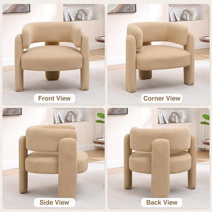 Accent Chairs Set of 2, Modern Sherpa Barrel Chairs, Upholstered Living Room Chairs with 3 Legs, Comfy Armchair Reading Side Chair for Bedroom, Office, Apartment, Khaki