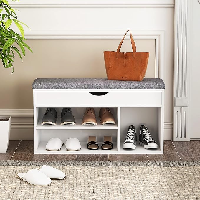 WelFurGeer Shoe Bench with Storage, White Shoe Storage Bench, Entryway Bench with Storage, Entryway Shoe Storage Bench White + Gray - Image 7